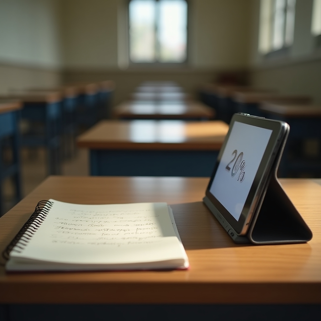 Leere Schulbank mit aufgeschlagenem Heft, daneben ein Tablet mit einem Wirtschaftsvideo