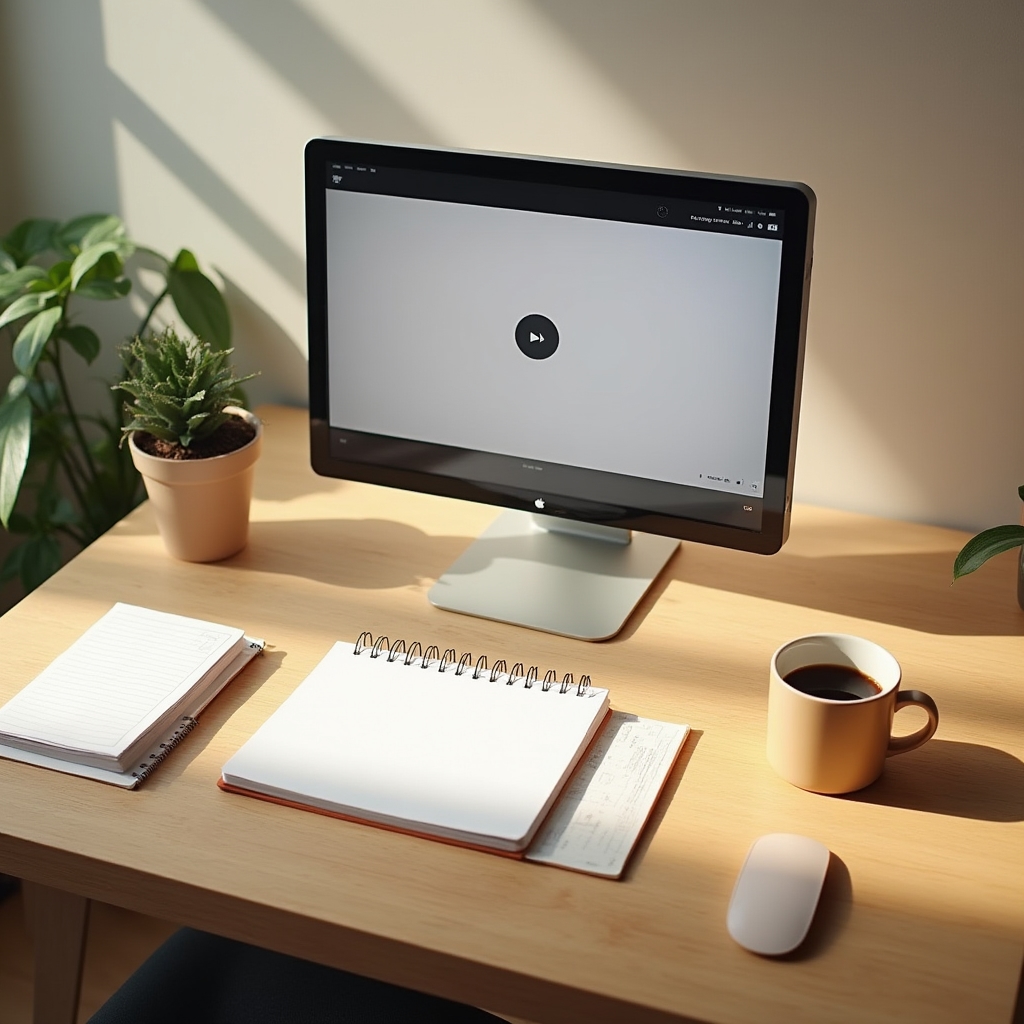 Aufgeräumter Schreibtisch mit Monitor, Notizen und Kaffeetasse im Redaktionsbüro